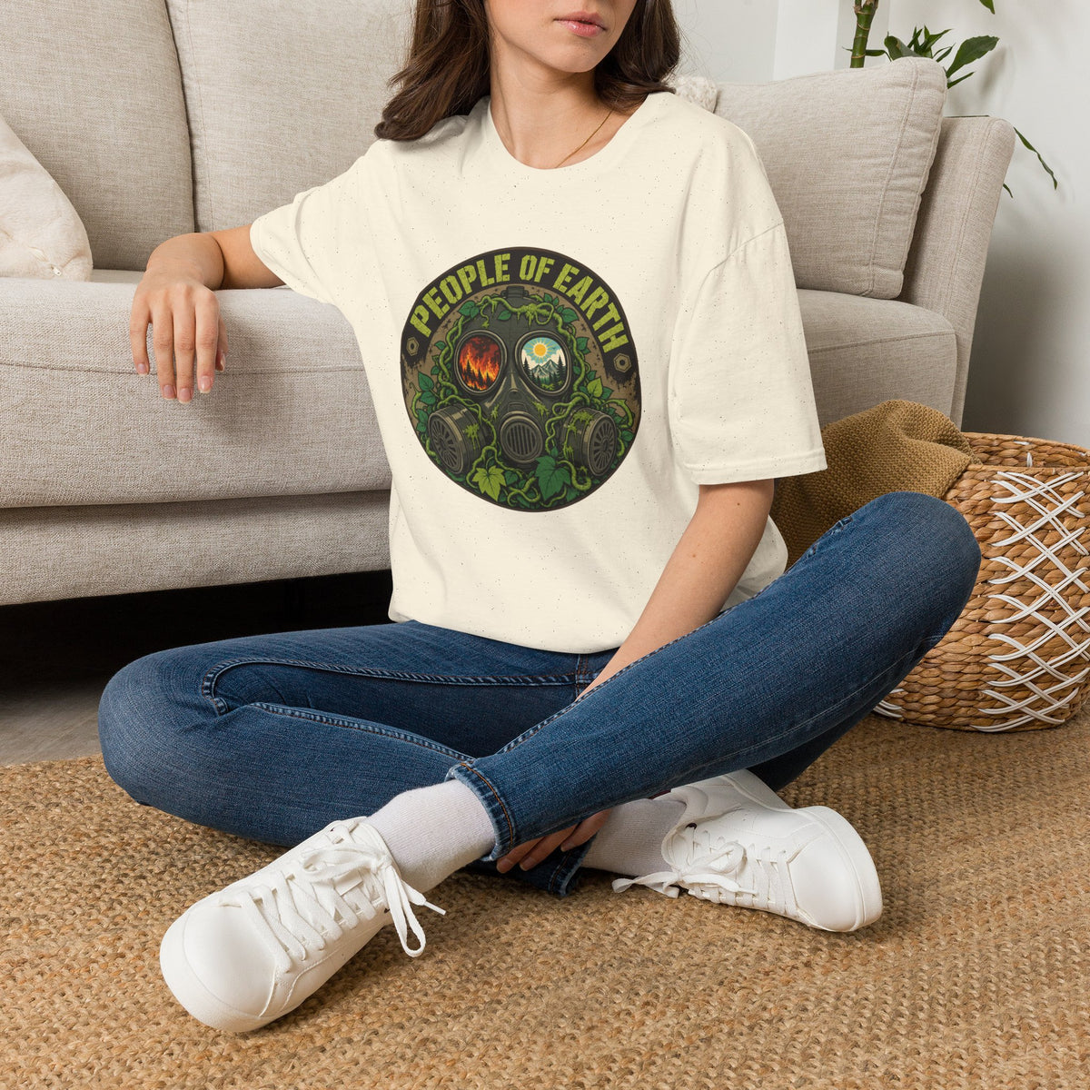 People of Earth Gas Mask Graphic Tee — Eco Horror Sci‑Fi T-Shirt
