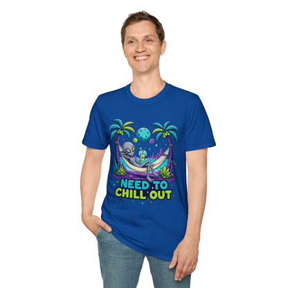 Alien Hammock T-Shirt — "Need to Chill Out" Relaxed Space Vibes