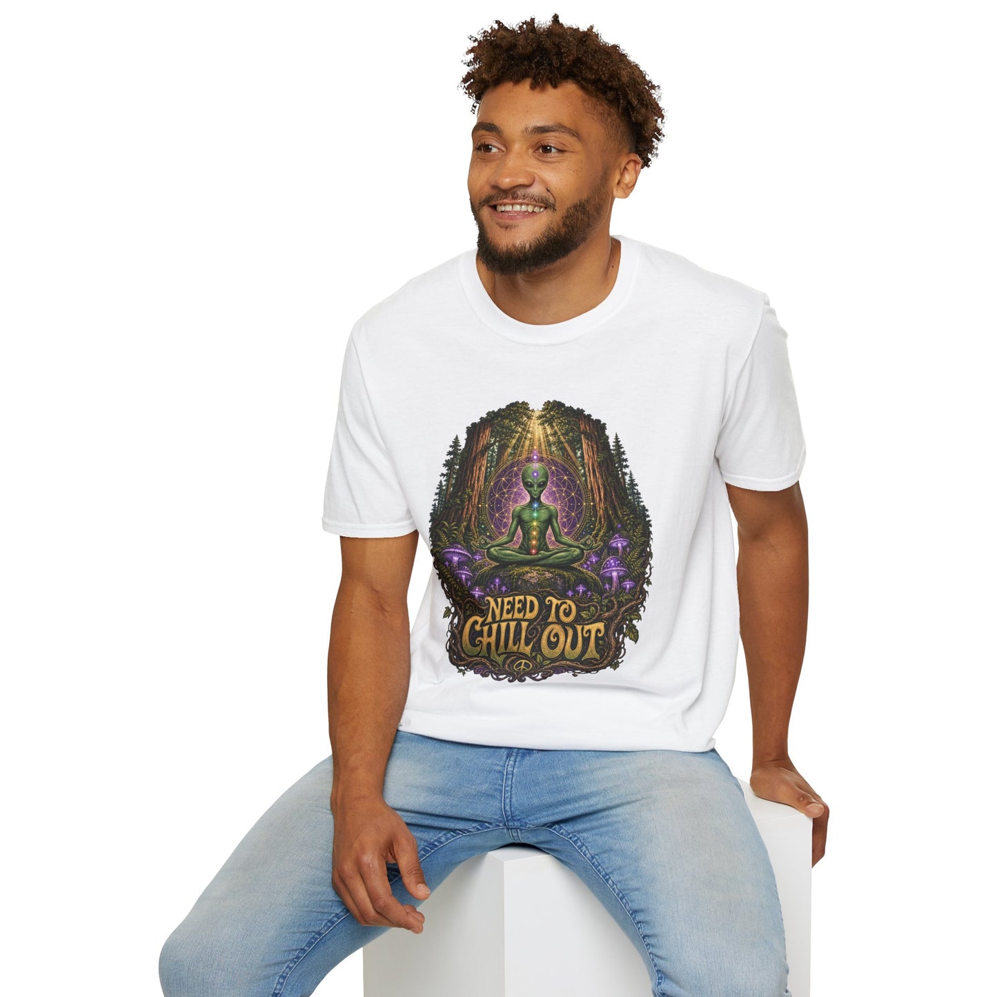 Alien Meditation T‑Shirt — "Need to Chill Out" Psychedelic Forest Graphic