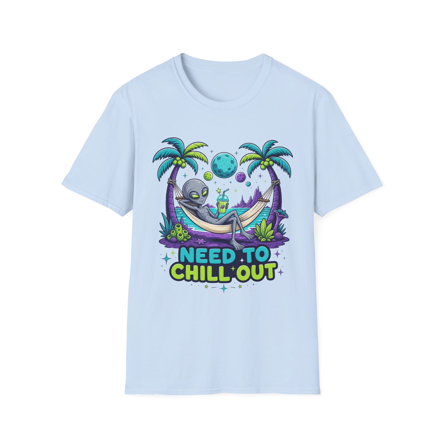 Alien Hammock T-Shirt — "Need to Chill Out" Relaxed Space Vibes