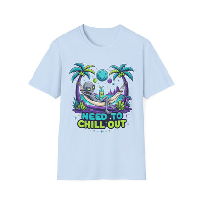 Alien Hammock T-Shirt — "Need to Chill Out" Relaxed Space Vibes