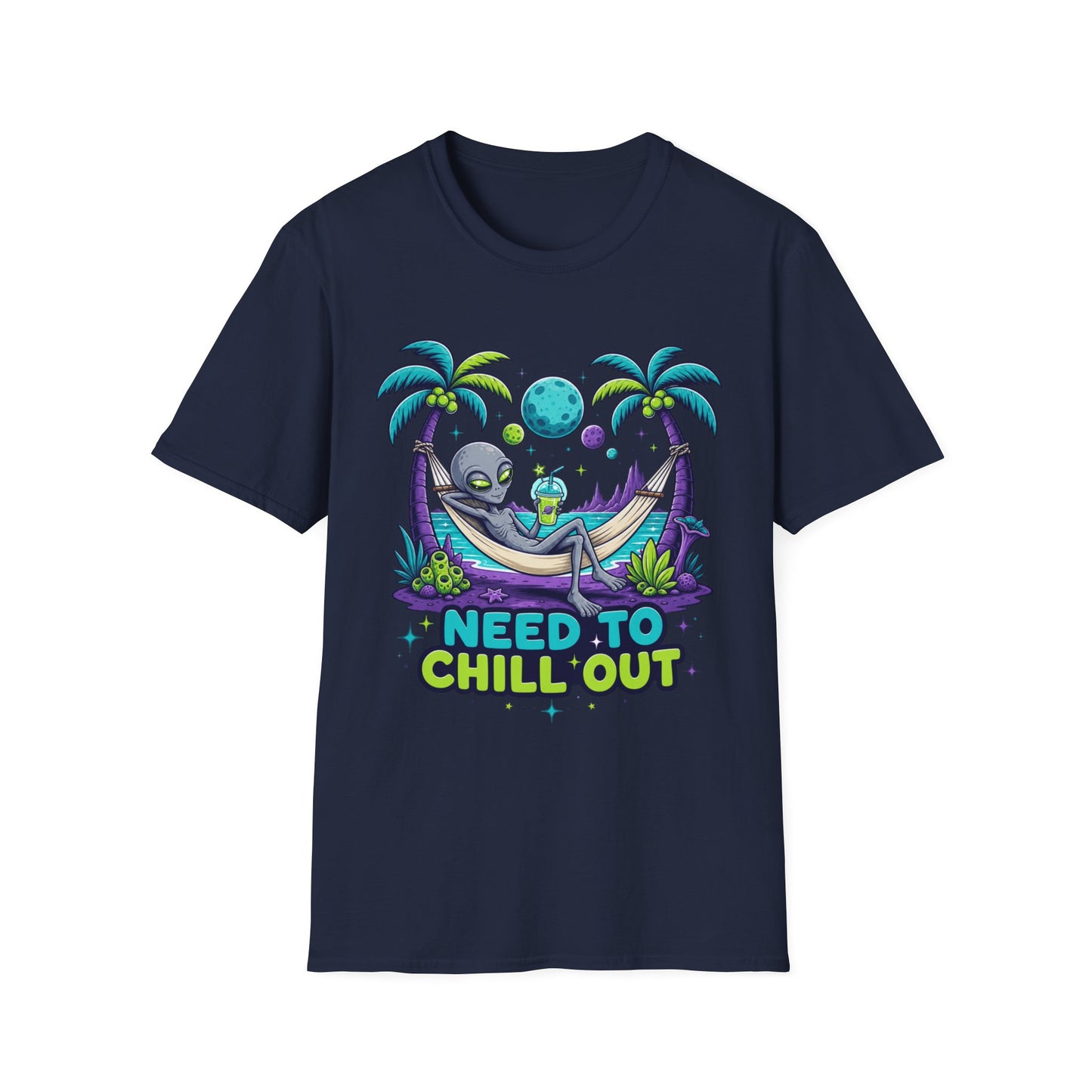 Alien Hammock T-Shirt — "Need to Chill Out" Relaxed Space Vibes
