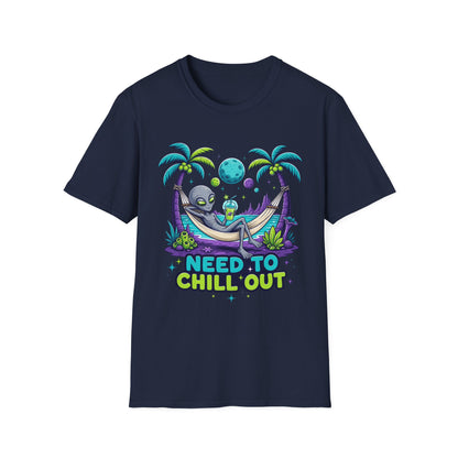 Alien Hammock T-Shirt — "Need to Chill Out" Relaxed Space Vibes