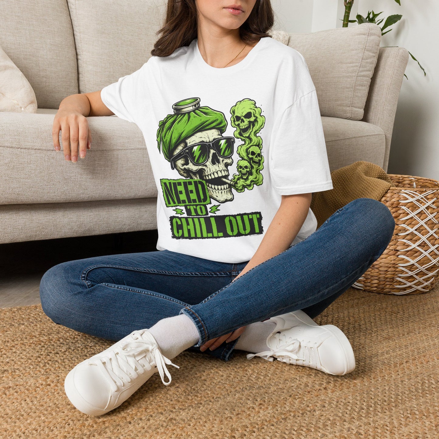 Rock Skull 'Need to Chill Out' Graphic T-Shirt — Green Smoke Skull Tee