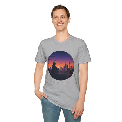 Sunset Cityscape T‑Shirt — Silhouette Skyline Moon Graphic "Need to Chill Out"