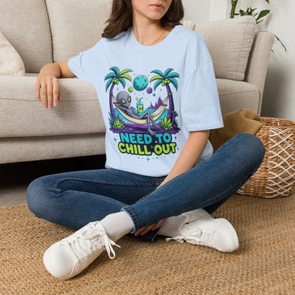 Alien Hammock T-Shirt — "Need to Chill Out" Relaxed Space Vibes