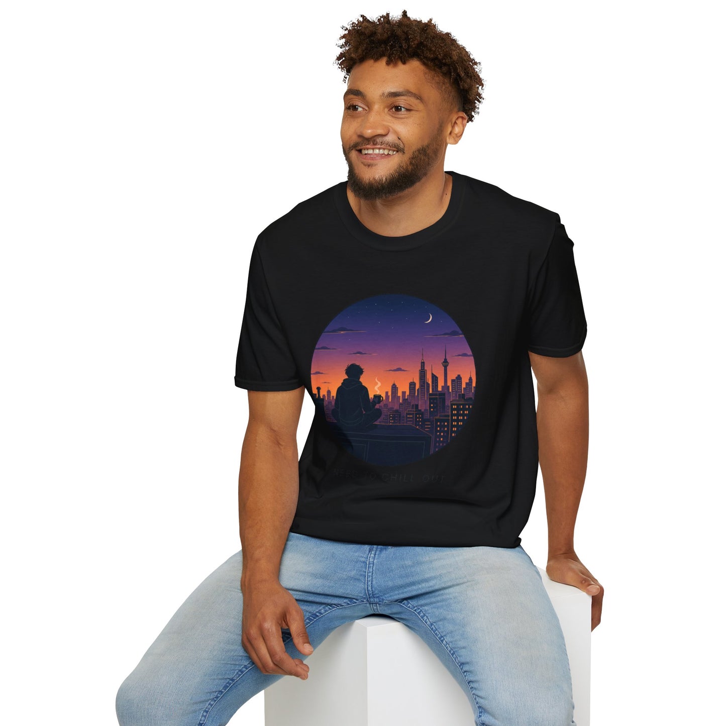 Sunset Cityscape T‑Shirt — Silhouette Skyline Moon Graphic "Need to Chill Out"