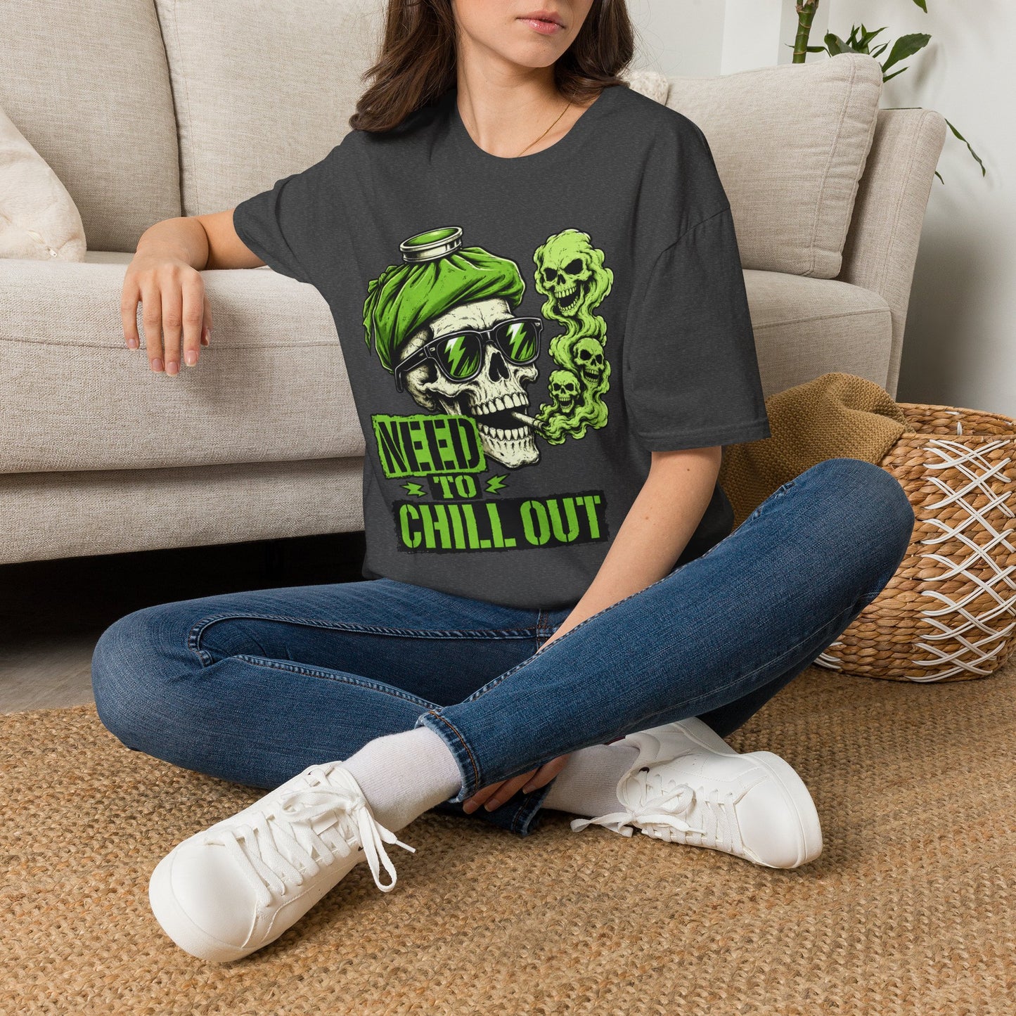 Rock Skull 'Need to Chill Out' Graphic T-Shirt — Green Smoke Skull Tee