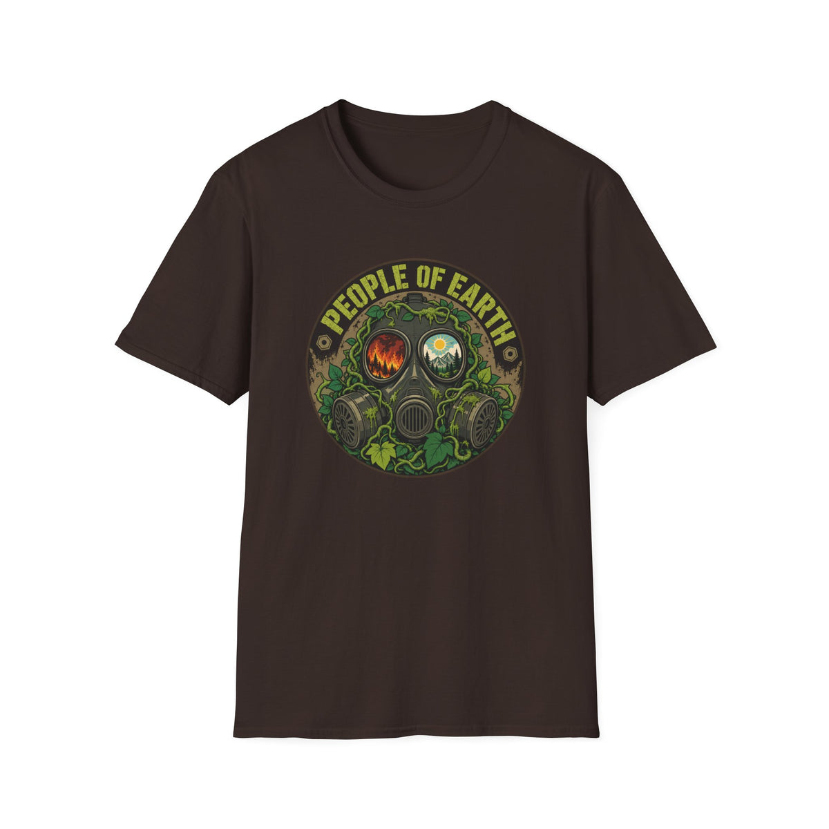 People of Earth Gas Mask Graphic Tee — Eco Horror Sci‑Fi T-Shirt