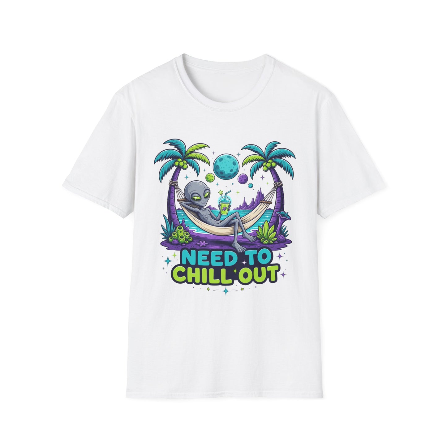 Alien Hammock T-Shirt — "Need to Chill Out" Relaxed Space Vibes