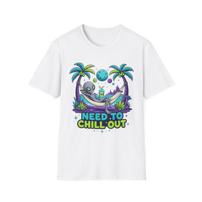 Alien Hammock T-Shirt — "Need to Chill Out" Relaxed Space Vibes