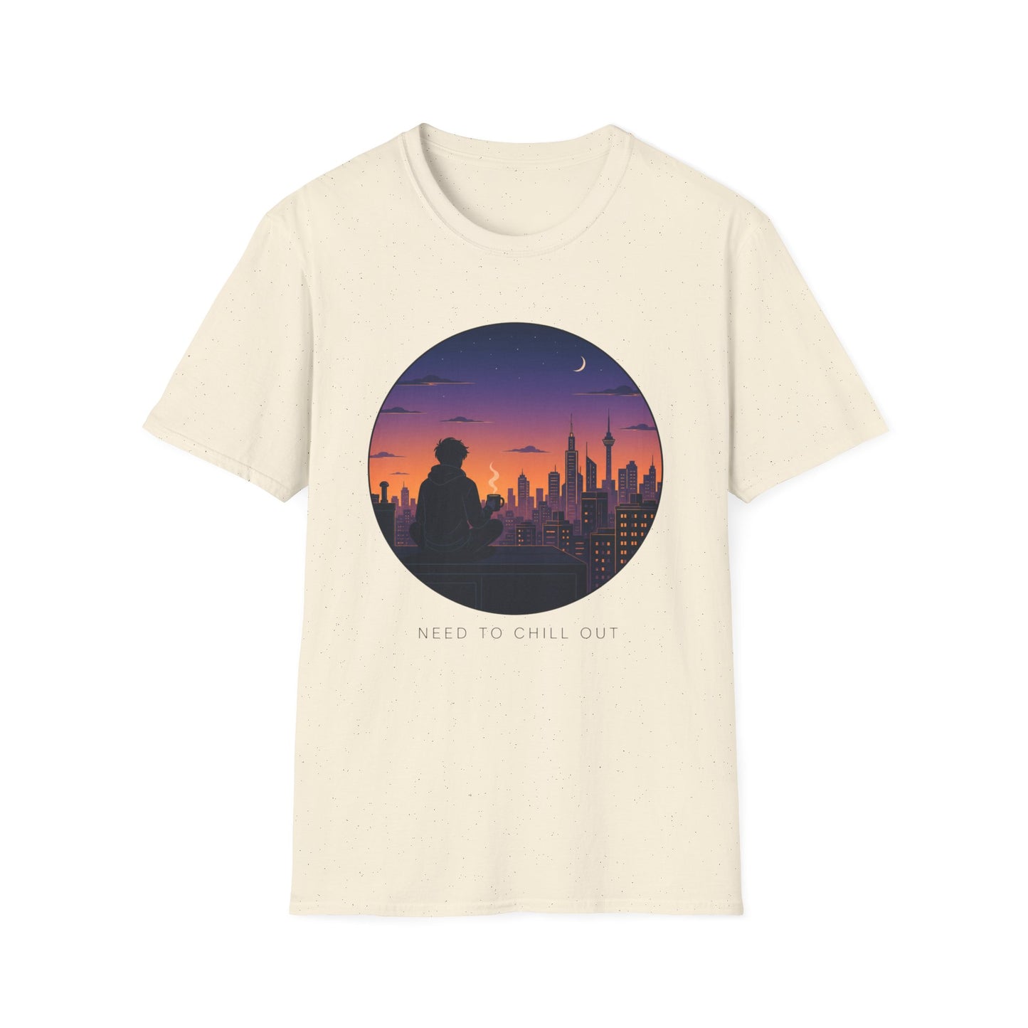 Sunset Cityscape T‑Shirt — Silhouette Skyline Moon Graphic "Need to Chill Out"