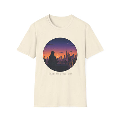 Sunset Cityscape T‑Shirt — Silhouette Skyline Moon Graphic "Need to Chill Out"